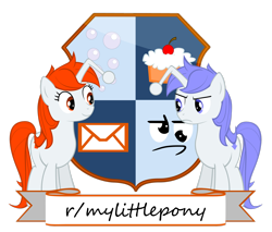 Size: 2656x2258 | Tagged: safe, artist:orangel8989, oc, oc only, oc:discentia, oc:karma, pony, unicorn, banner, bubble, coat of arms, crest, cupcake, derp, downvote, female, food, frown, happy, header, high res, mail, mare, ponified, reddit, simple background, transparent background, upvote, vector