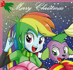 Size: 539x513 | Tagged: safe, artist:the-butch-x, edit, applejack, fluttershy, rainbow dash, spike, sunset shimmer, dog, equestria girls, g4, christmas, cropped, female, holiday, male, spike the dog