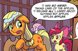 Size: 475x313 | Tagged: safe, artist:tonyfleecs, apple bloom, applejack, scootaloo, sweetie belle, earth pony, pony, g4, idw, ponies of dark water, spoiler:comic, spoiler:comic45, apple, apple sisters, cutie mark, female, filly, foal, mare, out of context, siblings, sisters, that pony sure does love apples, the cmc's cutie marks, wet mane