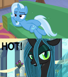 Size: 1280x1440 | Tagged: safe, edit, edited screencap, screencap, queen chrysalis, trixie, changeling, pony, unicorn, a canterlot wedding, g4, road to friendship, season 2, season 8, draw me like one of your french girls, female, kathleen barr, lesbian, mare, meme, out of character, same voice actor, shipping, shipping domino, trixalis, voice actor joke