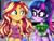 Size: 2400x1800 | Tagged: safe, artist:artmlpk, sci-twi, sunset shimmer, twilight sparkle, equestria girls, g4, chair, clothes, cute, digital art, duo, duo female, female, glasses, looking at each other, midriff, outfit, pajamas, ponytail, shimmerbetes, shirt, short shirt, shorts, sitting, sleepover, sleeveless, smiling, twiabetes, unmoving plaid
