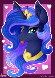 Size: 1600x2264 | Tagged: safe, artist:julunis14, princess luna, alicorn, pony, g4, accessory swap, alternate hairstyle, bedroom eyes, clothes, cosplay, costume, crown, ear fluff, hearts and hooves day, holiday, jewelry, looking at you, mane swap, necklace, regalia, tongue out