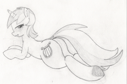 Size: 5072x3385 | Tagged: safe, artist:troopie, lyra heartstrings, pony, unicorn, g4, bedroom eyes, female, grayscale, looking at you, looking back, looking back at you, mare, monochrome, prone, simple background, solo, traditional art, underhoof, white background