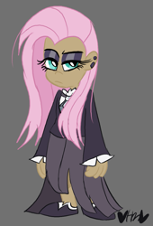 Size: 545x800 | Tagged: safe, artist:mirabuncupcakes15, fluttershy, human, g4, black background, clothes, dark skin, dress, ear piercing, earring, eyeshadow, female, flats, fluttergoth, humanized, jewelry, long skirt, makeup, piercing, shirt, shoes, simple background, skirt, socks, solo