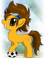 Size: 1908x2500 | Tagged: safe, artist:underwoodart, earth pony, pony, series:digiponies, confident, digimon, fluffy, football, goggles, grin, hoofball, ponified, simple background, smiling, sports, tai, tai kamiya, transparent background