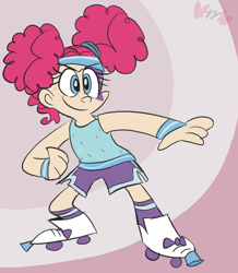 Size: 698x800 | Tagged: safe, artist:mirabuncupcakes15, pinkie pie, human, g4, alternate hairstyle, clothes, confident, costume, face paint, female, humanized, makeup, nightmare night costume, pinkie puffs, roller skates, shorts, smiling, smirk, socks, solo, striped socks, sweatband, tank top, tomboy