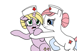 Size: 1899x1262 | Tagged: safe, artist:anon3mous1, nurse redheart, oc, oc:soothing melody, earth pony, pony, unicorn, fanfic:trust once lost, g4, concerned, duo, female, hat, hoof hold, mare, nurse, nurse hat, pointing, scared, simple background, transparent background