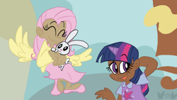 Size: 800x450 | Tagged: safe, artist:mirabuncupcakes15, angel bunny, fluttershy, twilight sparkle, human, rabbit, g4, animal, clothes, dark skin, duo, eyes closed, female, flats, flying, horn, horned humanization, humanized, open mouth, shirt, skirt, t-shirt, vest, winged humanization, wings