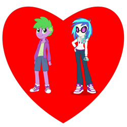 Size: 1000x1000 | Tagged: safe, artist:mohawgo, artist:thecheeseburger, edit, dj pon-3, spike, vinyl scratch, equestria girls, g4, clothes, duo, female, hand on hip, heart, hoodie, human spike, ipod, male, shipping, shipping heart, simple background, straight, transparent background, vinylspike