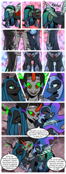 Size: 1500x3900 | Tagged: safe, artist:nancy-05, oc, oc:empress sacer malum, hybrid, pony, umbrum, unicorn, comic:fusing the fusions, comic:time of the fusions, alicorn amulet, argument, blushing, chest, clothes, comic, commissioner:bigonionbean, confusion, cutie mark, dialogue, dungeon, ethereal mane, evil planning in progress, fangs, forced, fusion, fusion:king sombra, fusion:nightmare moon, fusion:queen chrysalis, heat, jewelry, magic, mare, necklace, panting, parent:king sombra, parent:nightmare moon, parent:princess luna, parent:queen chrysalis, prison, regalia, shocked, smiling, smirk, sombra eyes, spell, swelling, tartarus, wingless, writer:bigonionbean