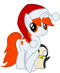 Size: 743x900 | Tagged: safe, artist:undead-niklos, oc, oc:karma, pony, unicorn, adventure time, christmas, crossed legs, cutie mark, female, gunther, hat, holiday, male, mare, ponified, reddit, santa hat, simple background, transparent background, upvote, vector, waving