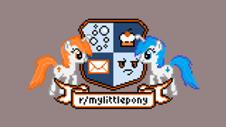 Size: 640x360 | Tagged: safe, artist:sparklepeep, oc, oc only, oc:discentia, oc:karma, pony, unicorn, banner, bubble, coat of arms, crest, cupcake, derp, downvote, female, food, frown, happy, header, mail, mare, ponified, reddit, upvote, vector