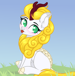 Size: 3772x3868 | Tagged: safe, artist:starshade, oc, oc only, oc:golden wind, kirin, :p, blushing, cloven hooves, day, grass, high res, kirin oc, leonine tail, looking back, outdoors, profile, sitting, solo, tongue out