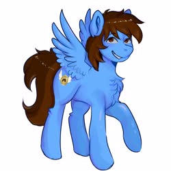 Size: 4000x4000 | Tagged: safe, artist:poofindi, oc, oc only, oc:pegasusgamer, pegasus, pony, chest fluff, grin, happy, looking at you, simple background, smiling, solo, white background, wings