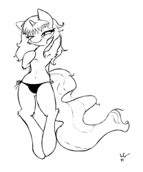 Size: 1928x2312 | Tagged: safe, artist:lucas_gaxiola, oc, oc only, pony, unicorn, arm behind head, armpits, bedroom eyes, clothes, female, horn, lineart, mare, monochrome, on back, panties, signature, solo, underwear, unicorn oc