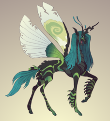 Size: 2332x2571 | Tagged: safe, artist:sutexii, queen chrysalis, changeling, changeling queen, g4, alternate design, antennae, female, gradient background, high res, holeless, horn, raised hoof, solo, spread wings, wings