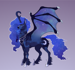 Size: 2524x2375 | Tagged: safe, artist:sutexii, princess luna, alicorn, pony, g4, alternate design, bat wings, beard, chest fluff, cutie mark, facial hair, female, gradient background, high res, horn, jewelry, mare, neck fluff, regalia, smiling, solo, spread wings, unshorn fetlocks, wings
