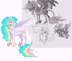 Size: 1024x870 | Tagged: safe, artist:sutexii, nightmare moon, princess celestia, princess luna, alicorn, classical unicorn, pony, unicorn, g4, bat wings, beard, butt, cloven hooves, cutie mark, facial hair, female, horn, leonine tail, mare, plot, simple background, sketch, spread wings, unshorn fetlocks, wings