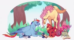 Size: 1024x553 | Tagged: safe, artist:sutexii, fluttershy, rainbow dash, oc, oc:alde, oc:hueswift, manticore, pegasus, pony, g4, adopted offspring, book, cutie mark, female, glasses, grass, lesbian, magical lesbian spawn, next generation, offspring, parent:fluttershy, parent:rainbow dash, parents:flutterdash, ship:flutterdash, shipping, smiling, tree, wings