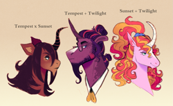 Size: 1173x716 | Tagged: safe, artist:sutexii, oc, oc only, oc:dawn deluge, oc:eve illume, oc:sunshower gleam, pony, unicorn, beard, clothes, curved horn, facial hair, female, glasses, gradient background, hair tie, horn, magical lesbian spawn, male, next generation, offspring, parent:sunset shimmer, parent:tempest shadow, parent:twilight sparkle, parents:sunsetsparkle, parents:tempestlight, parents:tempestshimmer, scrunchie, smiling