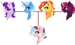 Size: 1280x776 | Tagged: safe, artist:klawiee, starlight glimmer, sunset shimmer, tempest shadow, trixie, oc, oc:belle, pony, unicorn, g4, family tree, female, freckles, lesbian, magical lesbian spawn, multiple parents, offspring, parent:starlight glimmer, parent:sunset shimmer, parent:tempest shadow, parent:trixie, parents:startrix, parents:sunstartempestrix, polyamory, ship:shimmerglimmer, ship:startrix, ship:suntrix, ship:tempestrix, shipping, simple background, sunstartempestrix, tempestglimmer, tempestshimmer, transparent background