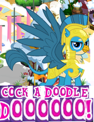 Size: 352x459 | Tagged: safe, artist:horsesplease, gameloft, gallus, g4, my little pony: friendship is magic, the last problem, behaving like a rooster, caption, cock-a-doodle-doo, crowing, expand dong, exploitable meme, gallus the rooster, image macro, meme, royal guard gallus, text, wow! glimmer