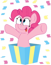 Size: 1490x1899 | Tagged: safe, artist:sketchymouse, pinkie pie, earth pony, pony, g4, box, confetti, cute, diapinkes, female, mare, pony in a box, present, simple background, solo, transparent background