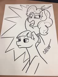 Size: 768x1024 | Tagged: safe, artist:cadetredshirt, mudbriar, pinkie pie, earth pony, pony, g4, action lines, angry, anti-shipping, bored, crying, duo, ear fluff, furious, imminent death, imminent violence, ink drawing, love poison, oblivious, paper, rage, stick, tears of anger, traditional art, yelling