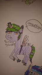 Size: 720x1280 | Tagged: safe, artist:ask-tummy-grumbles, oc, oc only, oc:tummy grumbles, earth pony, pony, belly mouth, fake wings, male, solo, stallion, toilet paper roll, toilet paper roll horn, traditional art