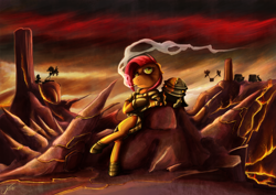 Size: 2970x2100 | Tagged: safe, artist:jamescorck, babs seed, earth pony, pony, g4, armor, badlands, cigarette, female, helmet, high res, lava, legionary, looking at you, lorica segmentata, mare, older, royal guard, smoking, solo