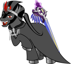 Size: 1701x1528 | Tagged: safe, artist:sketchmcreations, king sombra, pony, umbrum, unicorn, g4, alternate hairstyle, clothes, coat, disney, eyepatch, kingdom hearts, looking at you, male, nobody, open mouth, organization xiii, ponytail, raised hoof, scar, simple background, solo, stallion, transparent background, vector, weapon, xigbar