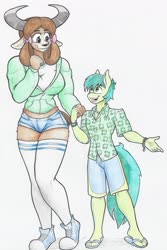 Size: 2061x3087 | Tagged: safe, artist:flicker-show, sandbar, yona, earth pony, yak, anthro, plantigrade anthro, g4, amazon, big breasts, blushing, breasts, busty yona, clothes, converse, cute, denim shorts, digital art, feet, female, flip-flops, high res, holding hands, hoodie, larger female, looking at each other, male, male feet, monkey swings, open mouth, ship:yonabar, shipping, shoes, shorts, size difference, smiling, sneakers, straight, thigh highs, traditional art, yonadorable