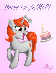Size: 893x1155 | Tagged: safe, artist:imdrunkontea, oc, oc only, oc:karma, pony, unicorn, birthday, birthday cake, cake, cutie mark, female, food, mare, one year anniversary, ponified, reddit, solo, upvote, vector