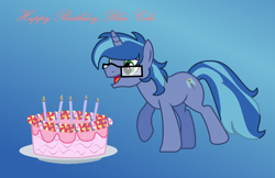 Size: 3348x2164 | Tagged: safe, artist:ngthanhphong, oc, oc:blue cola, pony, unicorn, birthday, birthday cake, cake, food, gift art, glasses, high res, male, stallion