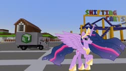 Size: 1334x750 | Tagged: safe, artist:ejlightning007arts, edit, editor:topsangtheman, twilight sparkle, alicorn, pony, g4, the last problem, amusement park, looking at you, minecraft, older, older twilight, older twilight sparkle (alicorn), princess twilight 2.0, roller coaster, truck, twilight sparkle (alicorn)