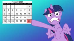 Size: 1214x683 | Tagged: safe, anonymous editor, artist:pink1ejack, edit, twilight sparkle, alicorn, pony, g4, 2020, bipedal, calendar, february, february 29, female, gradient background, gritted teeth, leap day, leap year, panicking, pointing, solo, twilight sparkle (alicorn)