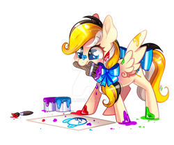 Size: 800x667 | Tagged: safe, artist:ipun, oc, oc only, oc:sacred dreams, pegasus, pony, bow, chibi, deviantart watermark, female, mare, messy, obtrusive watermark, paint, paint on feathers, paint on hooves, simple background, solo, transparent background, watermark