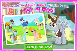 Size: 1029x688 | Tagged: safe, gameloft, ambrosia, cindy block, deep clean, derpy hooves, helia, loose tracks, lucy packard, package deal, earth pony, pegasus, pony, unicorn, g4, advertisement, apple, apple tree, camera, collection, female, hammer, hard hat, headset, male, mare, stallion, that one nameless background pony we all know and love, tools, tree