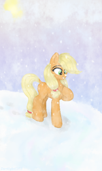 Size: 360x600 | Tagged: safe, artist:darklight1315, applejack, earth pony, pony, g4, cute, dock, female, jackabetes, missing cutie mark, snow, snowfall, solo