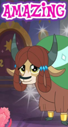 Size: 168x311 | Tagged: safe, edit, gameloft, yona, yak, g4, the last problem, amazing, bow, cloven hooves, cropped, female, hair bow, horns, jewelry, looking at you, meme, monkey swings, older, older yona, solo, wow! glimmer