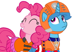 Size: 1386x1000 | Tagged: safe, artist:徐詩珮, pinkie pie, spring rain, earth pony, pony, unicorn, series:sprglitemplight diary, series:sprglitemplight life jacket days, series:springshadowdrops diary, series:springshadowdrops life jacket days, g4, alternate universe, base used, clothes, cute, equestria girls outfit, female, lesbian, lifeguard, lifeguard spring rain, lifejacket, mare, paw patrol, shipping, simple background, springpie, swimsuit, transparent background, vector