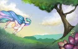 Size: 3488x2196 | Tagged: safe, alternate version, artist:colochenni, princess celestia, alicorn, pony, g4, 4chan, cloud, drawthread, female, fisheye lens, flower, flowing mane, grass, high res, mare, praise the sun, scenery, sky, solo, the ass was fat, tree, windswept mane