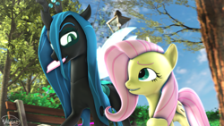 Size: 3840x2160 | Tagged: safe, artist:whiteskyline, fluttershy, queen chrysalis, changeling, changeling queen, pegasus, pony, g4, 3d, bench, chrysashy, female, heart, high res, holiday, lesbian, looking at each other, mouth hold, park, shipping, source filmmaker, valentine's day
