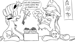 Size: 1200x675 | Tagged: safe, artist:pony-berserker, applejack, rarity, earth pony, pony, unicorn, pony-berserker's twitter sketches, g4, angry, black and white, cantonese, chinese, chopsticks, earth pony problems, female, food, grayscale, hat, i can't believe it's not idw, magic, mare, monochrome, noodles, signature, simple background, speech bubble, telekinesis, unicorn master race, white background