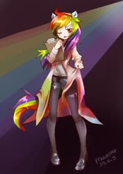 Size: 750x1059 | Tagged: safe, artist:meownstersss, rainbow dash, human, fanfic:rainbow factory, g4, clipboard, clothes, eared humanization, humanized, rainbow factory dash, tailed humanization