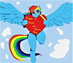 Size: 1556x1356 | Tagged: safe, artist:stevethebrony, rainbow dash, pegasus, semi-anthro, g4, arm hooves, cloud, cute, dashabetes, female, flying, heart, hearts and hooves day, mare, sky, solo, spread wings, wings