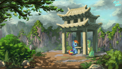 Size: 1920x1080 | Tagged: safe, artist:tinybenz, rainbow dash, oc, oc:lemonade candy, pegasus, pony, g4, canon x oc, chinese chess, cliff, female, male, mare, mountain, outdoors, pagoda, pavilion, rainmonade, scenery, scenery porn, shipping, sitting, stallion, straight