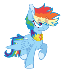 Size: 704x824 | Tagged: safe, artist:mooncresentcookie, rainbow dash, pegasus, pony, g4, base used, cute, dashabetes, element of loyalty, eye clipping through hair, female, mare, raised hoof, simple background, smiling, solo, spread wings, white background, wings