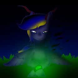 Size: 1448x1448 | Tagged: safe, artist:sliiiz, oc, oc only, oc:stail, alicorn, demon, demon pony, original species, pony, fallout equestria, fallout, immortality, male, night, pipbuck, rebirth, sadness, simple background, solo, stallion, weapon