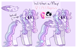Size: 2500x1556 | Tagged: safe, artist:journeewaters, princess cadance, oc, oc:pelito, oc:wisteria may, pegasus, pony, g4, chest fluff, female, mare, offspring, parent:oc:pelito, parent:princess cadance, parents:canon x oc, reference sheet, tail feathers
